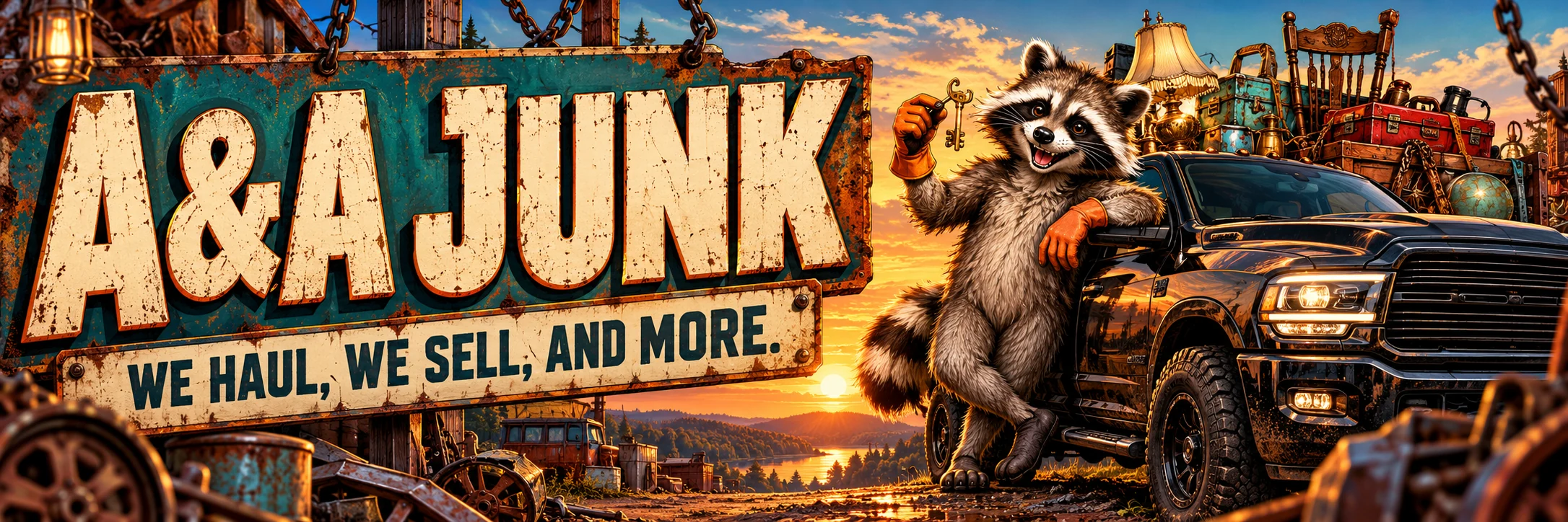 A&A Junk. We haul, we sell, and more. Illustrated raccoon with a treasure key beside a black pickup at sunset.